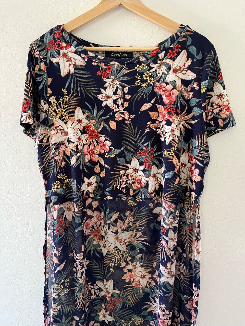 Tropical Floral Short-Sleeve Sheer Tunic- Beach CoverUp- Resortwear